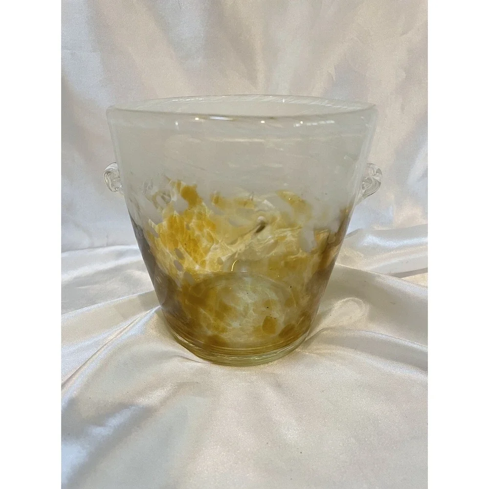 Yellow and White Blown Glass Ice Bucket Italy W/ Applied Handles